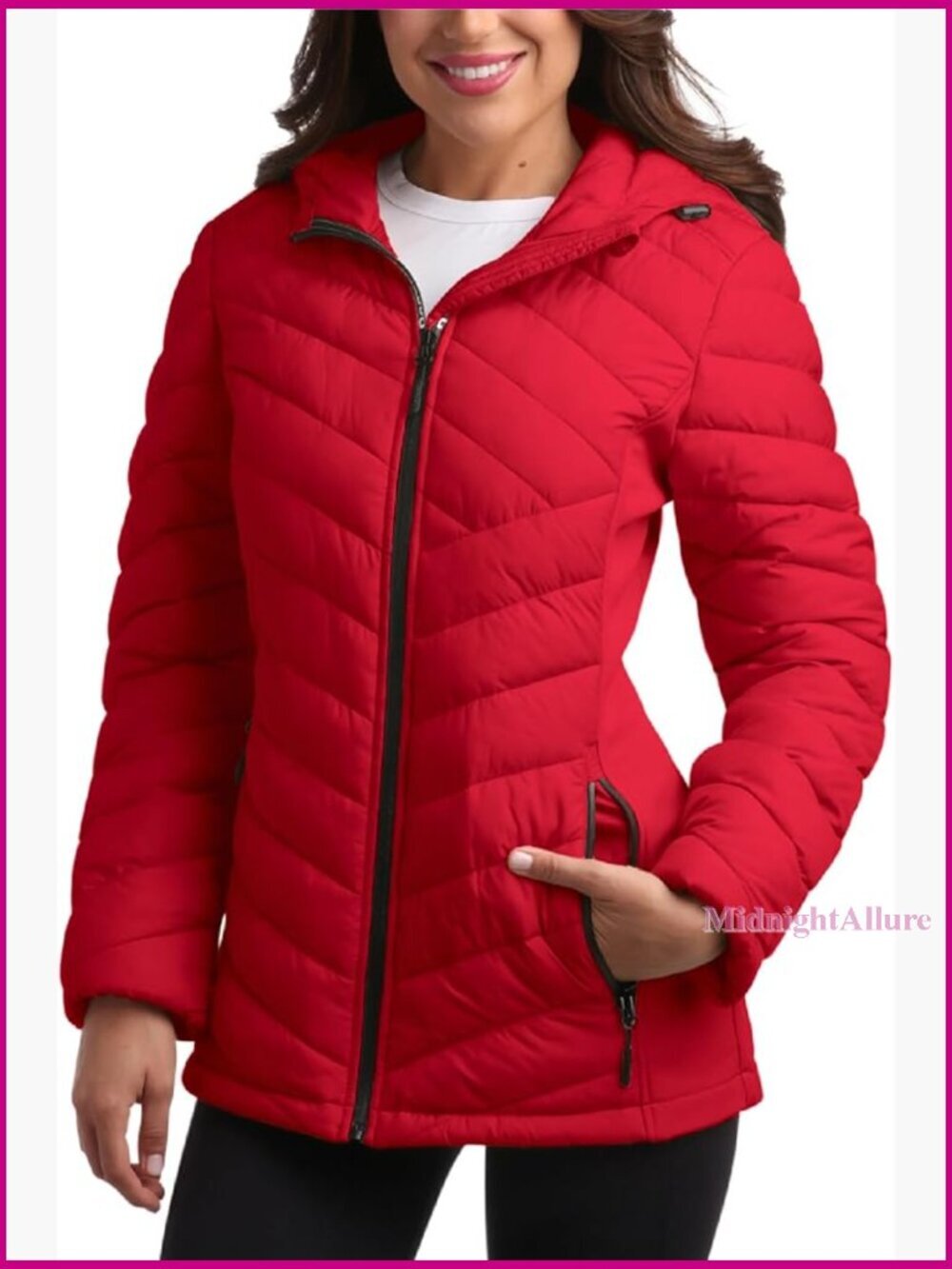 Midweight Quilted Puffer Jacket with Hood and Zip Pockets for Winter